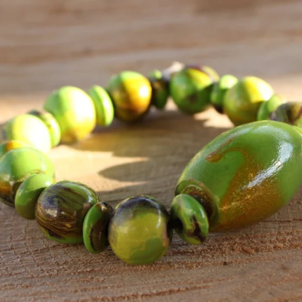 Lime Green Marbleized Handcrafted Wood Bracelet - New